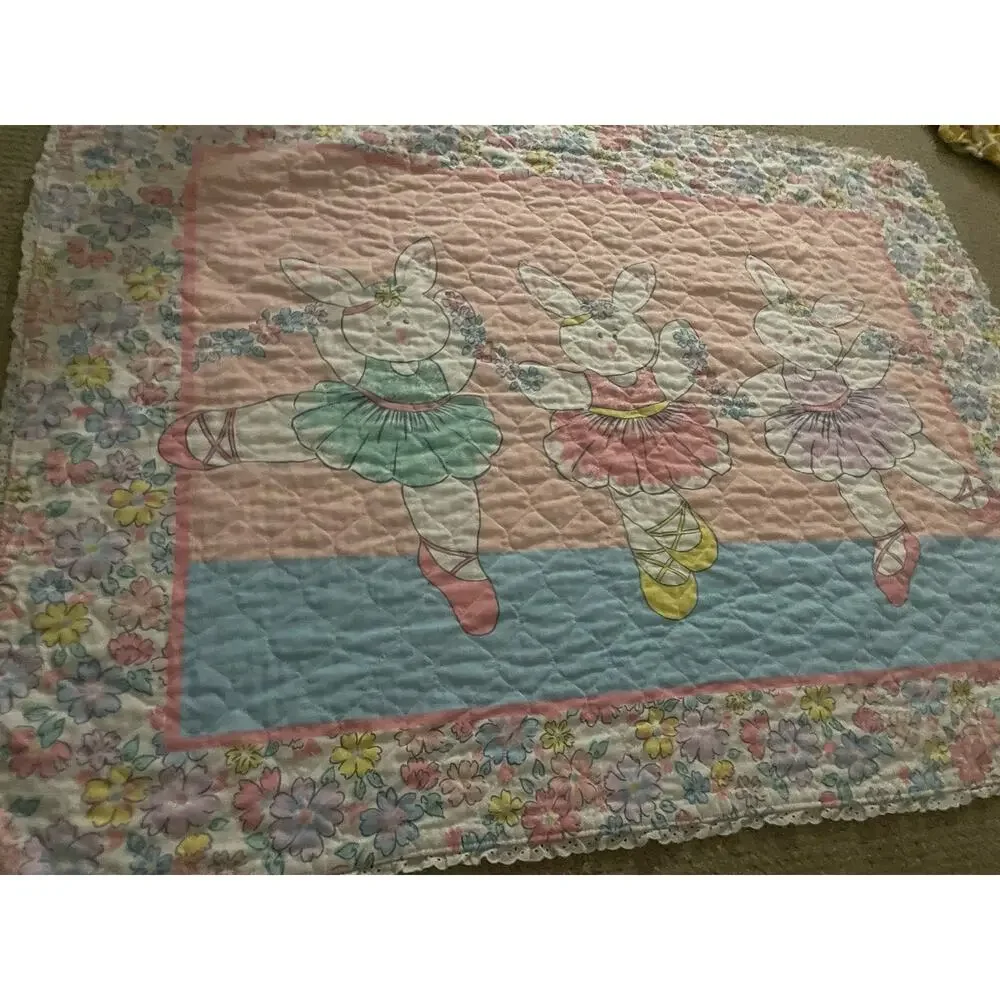 Vintage Handmade Ballerina‎ Bunny Rabbits Pastel Floral Baby Blanket